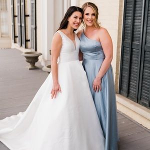 David’s Bridal One Shoulder Satin A Line Long Bridesmaid Dress - Dusty Blue